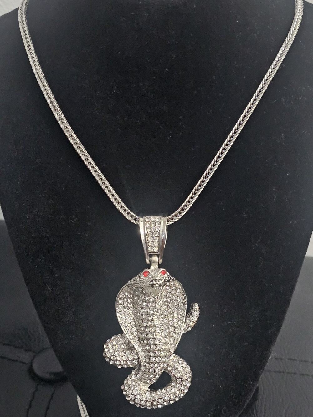 37in. silver Stainless Steel-3.1mm box link Chain w/CZ Cobra snake pendant